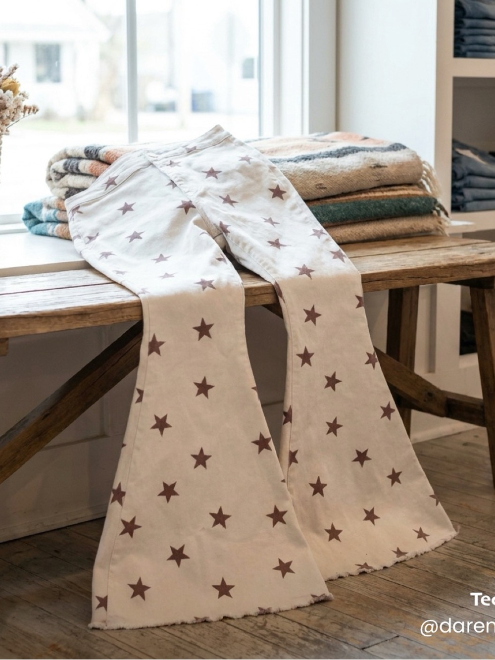Peach Love California Cream Flare Jeans with Brown Star Print
